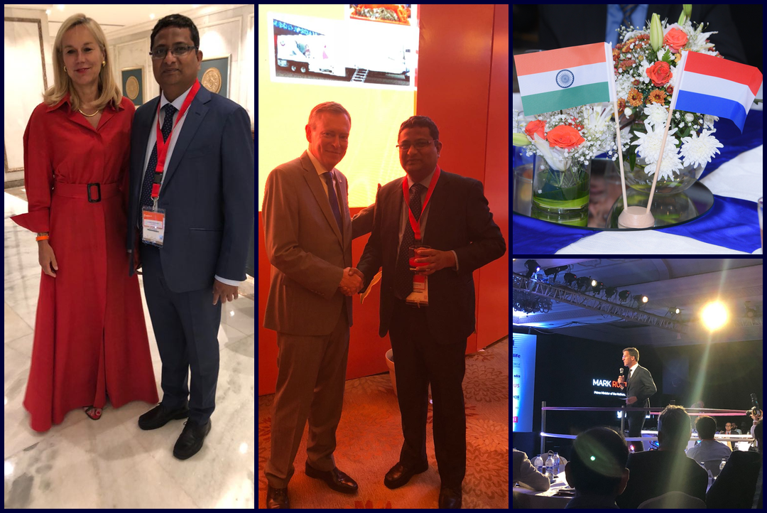 Collage from the Netherlands trade delegation to India in 2018, including Prime Minister Mark Rutte on stage
